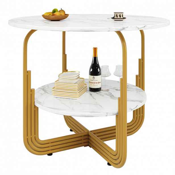 Modfu JÍDELNÍ stůl 80x80x76 cm zlatý z MDF s deskou v dekoru mramoru a úložným prostorem