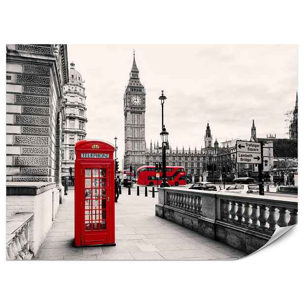 Muralo FOTOTAPETA do Obývacího Pokoje Červená Telefonní Budka Londýn Big Ben Autobus 350x256