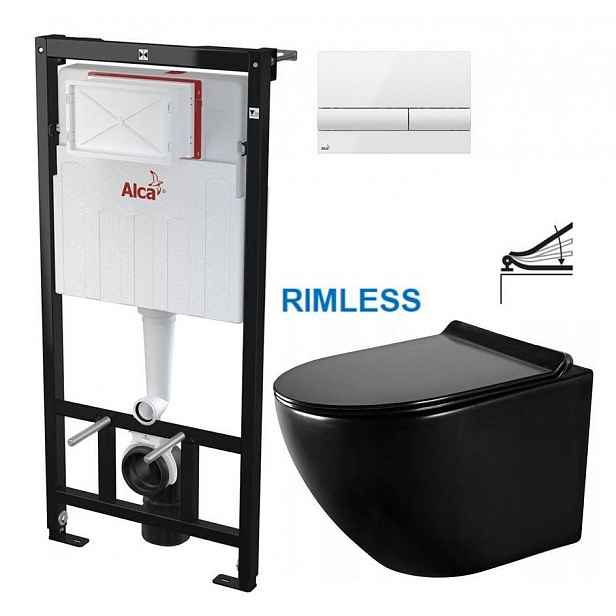 Předstěnový instalační systém s bílým tlačítkem M1710 + WC MEXEN LENA ČERNÁ Rimless + SEDÁTKO AM101/1120 M1710 ME01