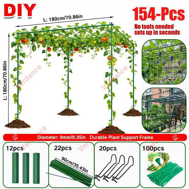 TEMU 154ks Sada Kovových Opěrných Rámů pro Kutilskou Podporu Rostlin 180cm, Extra Silné, Průměr 9mm, Obsahuje 22 Tyčí o Velikosti 35,43 Palců, 32