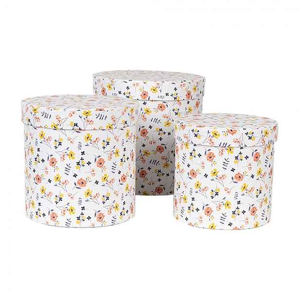 3ks bílý kulatý box s jemnými květy - Ø 19*19 / Ø 17*17 / Ø 15*15 cm Clayre & Eef