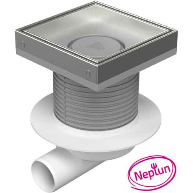 Chuděj Podlahová vpust boční DN50; plovák Neptun; mřížka 150x150 mm nerez CERAMICS (Gule boční DN50 s nerez mřížkou pro vložení dlažby)