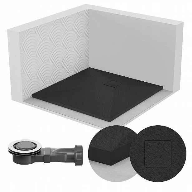 Sprchová Vanička Čtvercová 80x80 Kamenný Vzor 2,6 CM Černá Sifon