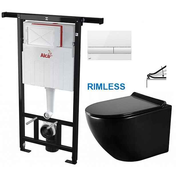 Předstěnový instalační systém s bílým tlačítkem M1710 + WC MEXEN LENA ČERNÁ Rimless + SEDÁTKO AM102/1120 M1710 ME01