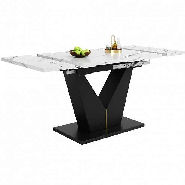 Modfu JÍDELNÍ stůl z MDF a kovu 99–159x75x75 cm bílá/černá rozkládací se širokou deskou a V nohami