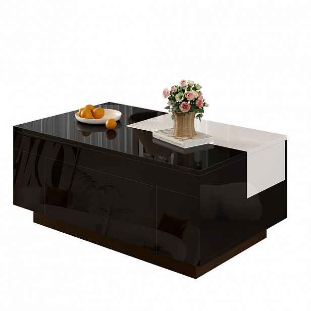 Redom KONFERENČNÍ stolek 80/50/35,5 cm s LED osvětlením, výsuvnou deskou a skrytou zásuvkou z MDF, Černá/Bílá