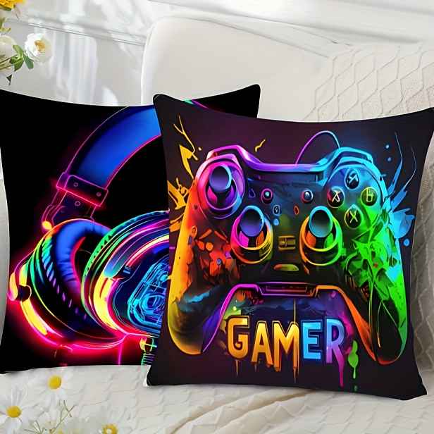 TEMU 2 ks, 2D Gamer s Náhlavními Sluchátky Design Potištěný Povlak na Polštář - Měkký, Pratelný Domácí Dekor, Vhodný do Obýváku a Ložnice, Povlak na