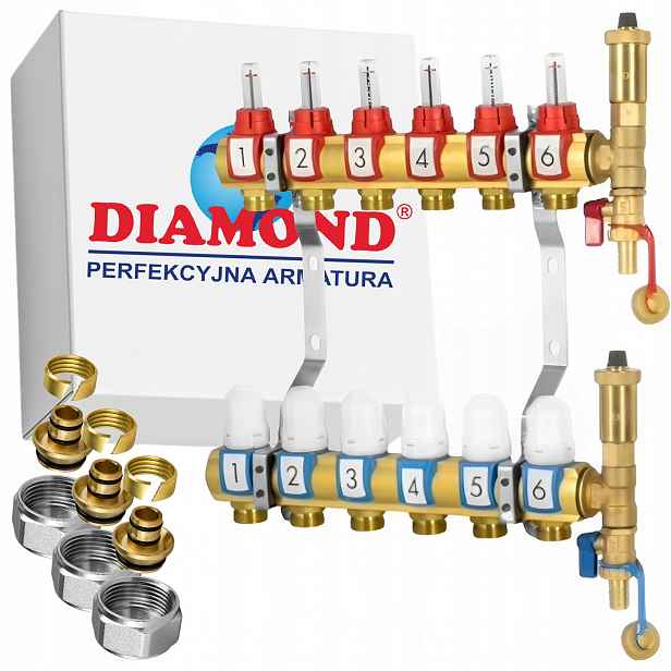 Rozdělovač 6 Okruhů Podlahového Vytápění Pro Mosaznou Podlahovou Krytinu Diamond