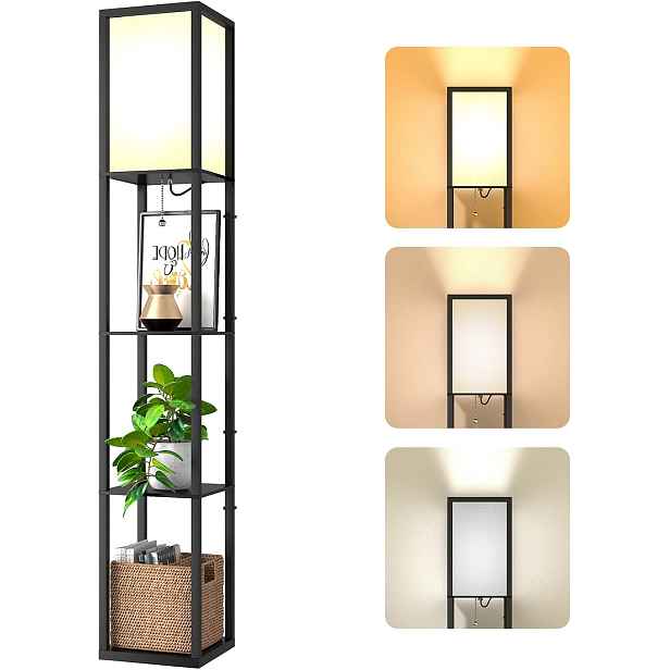 Stojací podlahová lampa s regálem, 3 police E27, černá, 162 cm