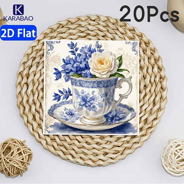 TEMU 2D Ploché Ubrousky s Modrobílým Květinovým Vzorem Šálků na Čaj, 20ks/40ks/60ks Balení, Elegantní Květinový Design, Nezbytné pro Rafinovaný
