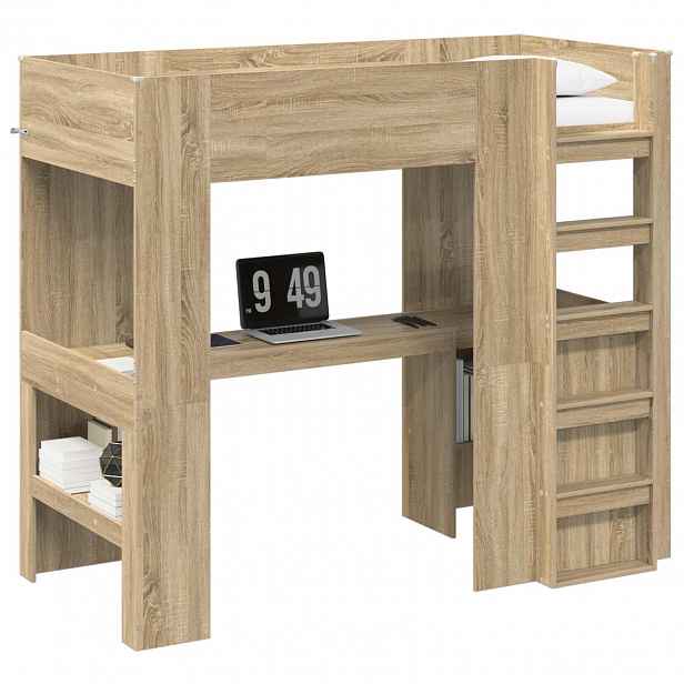 vidaXL Rám patrové postele se stolem s policí Sonoma dub 90 x 190 cm