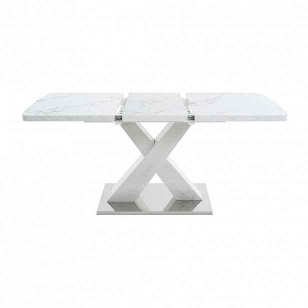 Modfu JÍDELNÍ stůl z MDF a oceli 120-160x80x76,5 cm bílý rozkládací s deskou v dekoru bílého mramoru a podnoží ve tvaru X