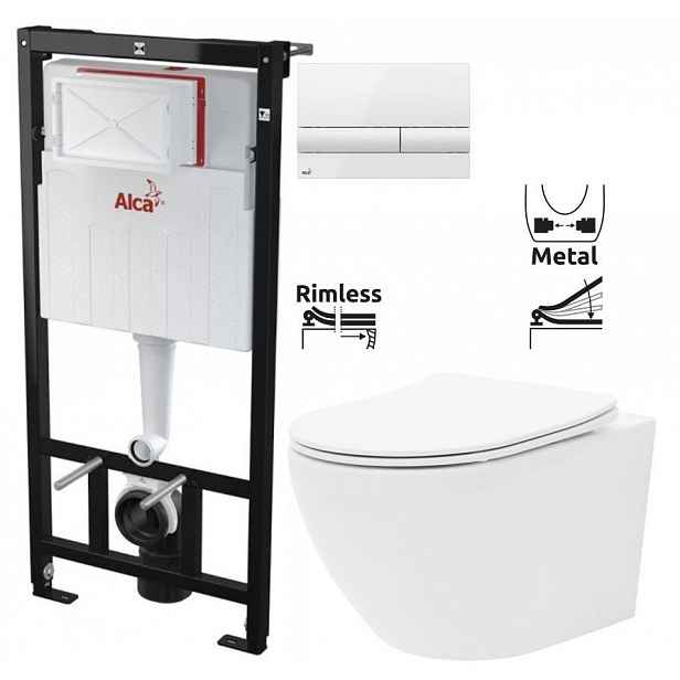 Předstěnový instalační systém s bílým tlačítkem M1710 + WC REA Carlo Flat Mini Rimless + SEDÁTKO AM101/1120 M1710 CF1
