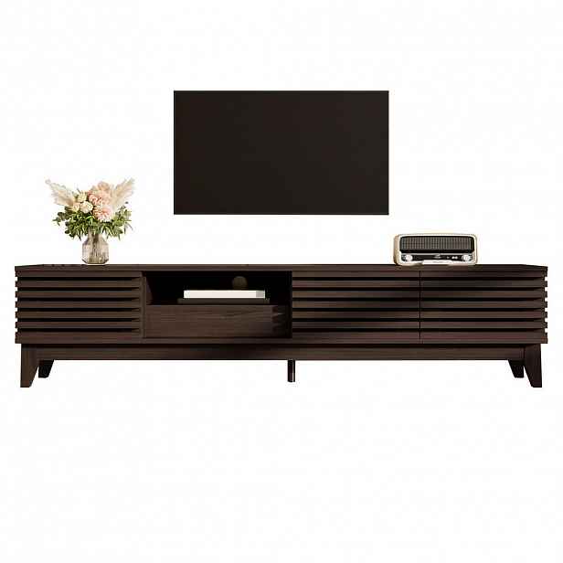 Redom TV stolek 170/35/40 cm s třemi dvířky a zásuvkou, vintage lamelový design, Přírodní