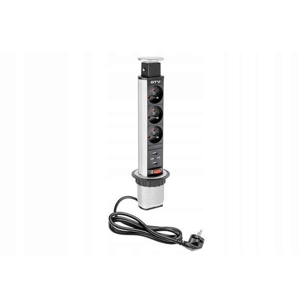 Zápustná Stolní Zásuvka Gtv Trojitá 230V Do Desky Stříbrná FI60 S Usb
