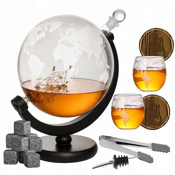 Karafa 900 ml Globus s 8 kameny a 2 skleničkami na whisky jako Dárek