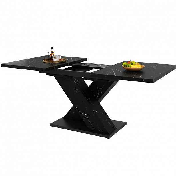 Modfu JÍDELNÍ stůl z MDF 119,5–159x80x75 cm černý, rozkládací s mramorovým dekorem a X podnoží