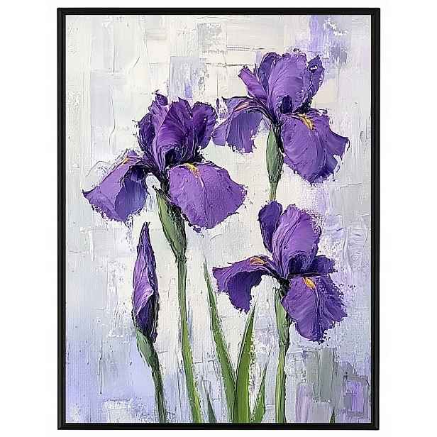 Plakát Rámeček Hliníkový Olej Impasto Příroda Zahrada Fialové Kosatce 60x80