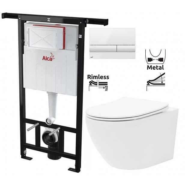 Předstěnový instalační systém s bílým tlačítkem M1710 + WC REA Carlo Flat Mini Rimless + SEDÁTKO AM102/1120 M1710 CF1
