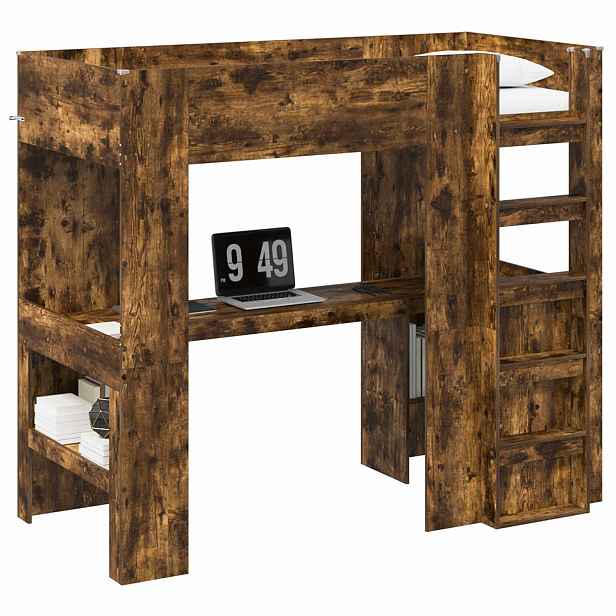 vidaXL Rám patrové postele se stolem Kouřový dub 90 x 190 cm