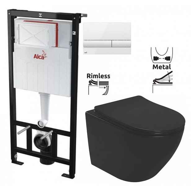 Předstěnový instalační systém s bílým tlačítkem M1710 + WC REA CARLO MINI RIMLESS ČIERNY MAT + SEDADLO AM101/1120 M1710 MM1