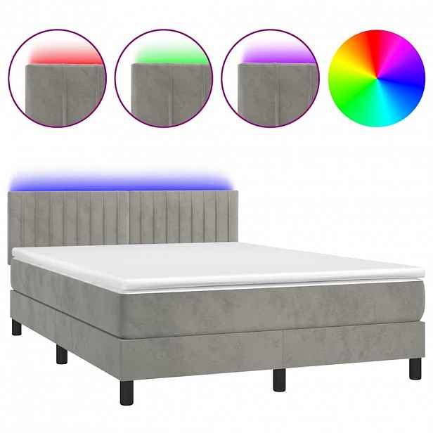 vidaXL Box spring postel s matrací a LED světle šedá 140x190 cm samet