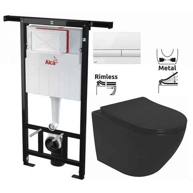 Předstěnový instalační systém s bílým tlačítkem M1710 + WC REA CARLO MINI RIMLESS ČIERNY MAT + SEDADLO AM102/1120 M1710 MM1
