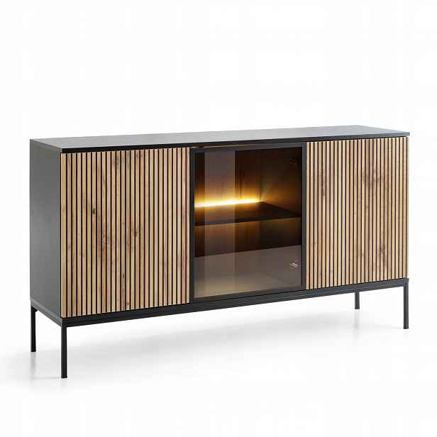 Komodee Komoda Laval K154 Dub Wotan černý, Led, skleněné Dvířka