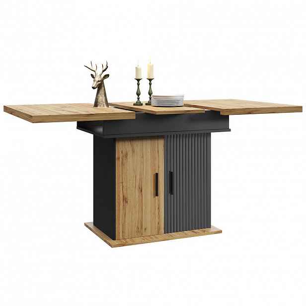 Modfu JÍDELNÍ stůl z MDF 110-140x80x75 cm černá/přírodní rozkládací s úložným prostorem a nastavitelnými policemi