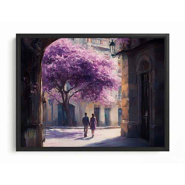 Obraz Rám Americký Box Akvarel Město Fialové Dřevo Pár Procházka 80x60