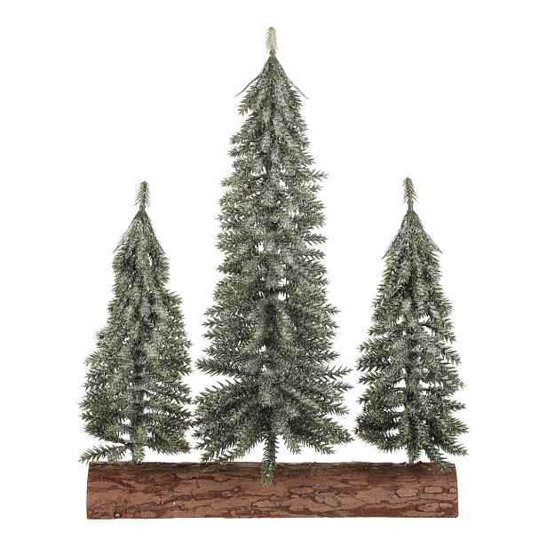 Vánoční dekorace Smrky na špalku - trio, 34 cm, ojíněný, zelená