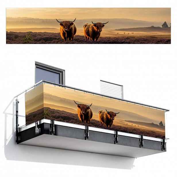 MuchoWow BALKONOVÁ ZÁSTĚNA Skotští horalé - Vřesoviště - Krajina - Zvířata 500x110 cm