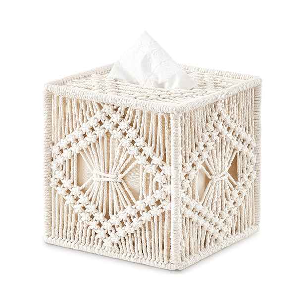 TEMU Kryt na krabici s kapesnicemi Macrame Čtvercový otevřený držák na krabici s kapesnicemi Boho Dekor Organizér na kapesnice Bohémská ručně tkaná