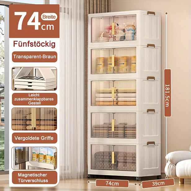 TEMU Extra velká skládací úložná skříň 74 cm, 3/4/5-patrový skládací organizér s kolečky, průhlednými dveřmi, zlatavými úchytkami a magnetickým