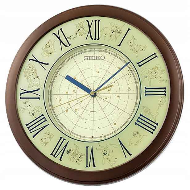 Hnědé Podsvícené Japonské Hodiny Seiko QHA013B 33 cm Znamení Zvěrokruhu