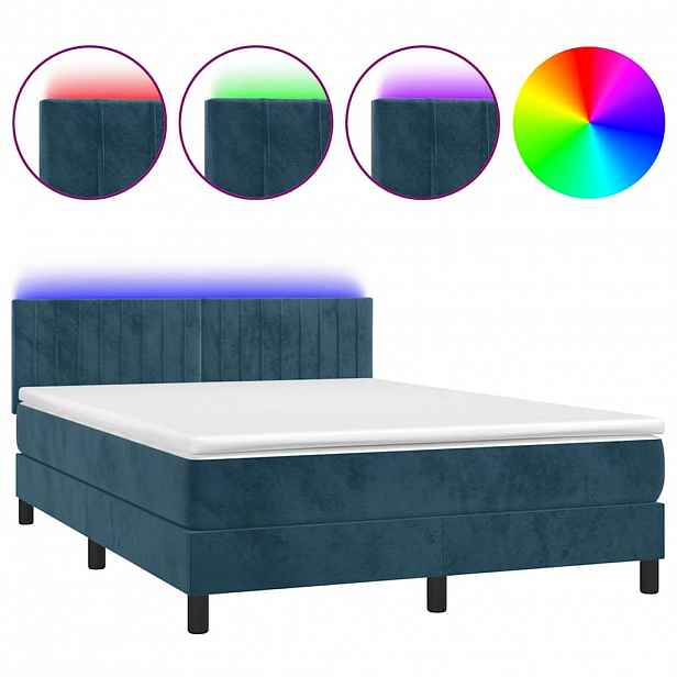 vidaXL Box spring postel s matrací a LED tmavě modrá 140x190 cm samet