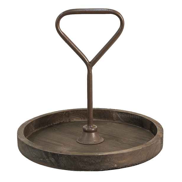 Hnědý antik dřevěný podnos s držadlem - Ø 35*33 cm Clayre & Eef