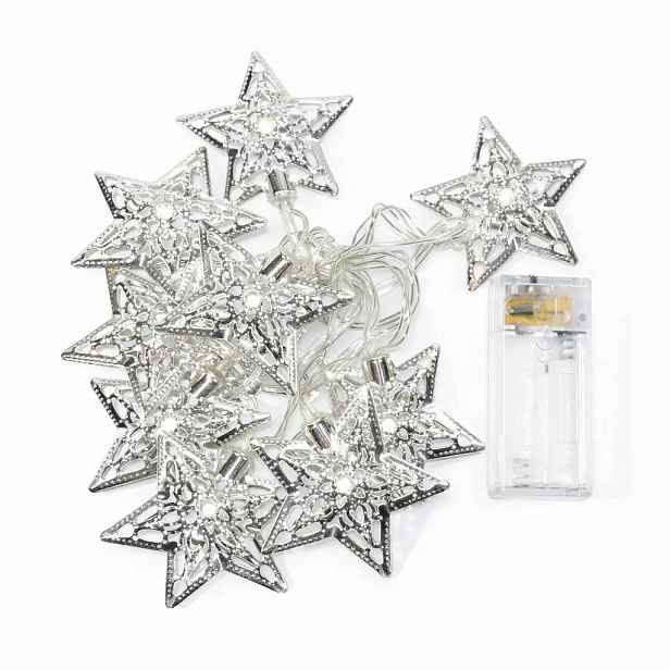 LED světýlka na baterie, 1,3 m, kovové hvězdy, ledově bílá, 10 diod, čirý kabel, IP20 interiér, 2× AA