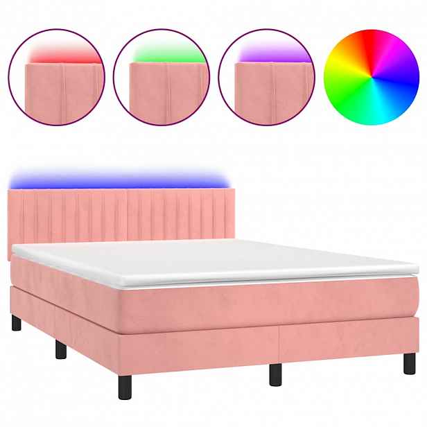 vidaXL Box spring postel s matrací a LED růžová 140x190 cm samet