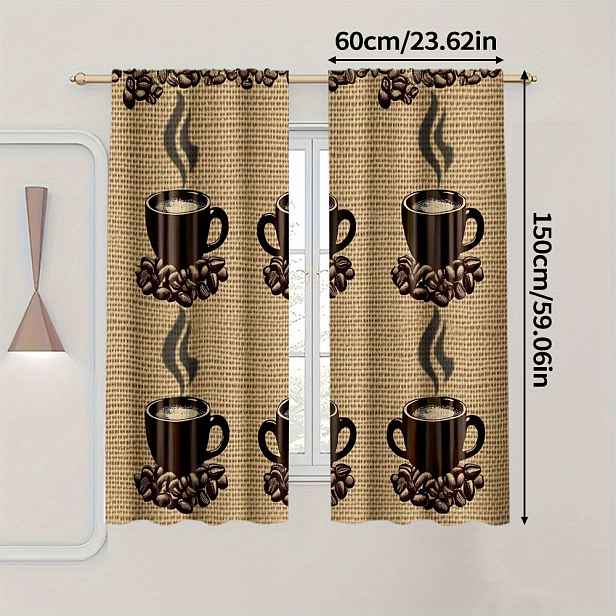 TEMU 2D Ploché, 2ks, 2D Ploché Tiskové Dekorativní Závěsy pro Všechna Roční Období, Retro Téma Dekorace Kávových Zrn, Polyester, Ideální pro Kuchyň,