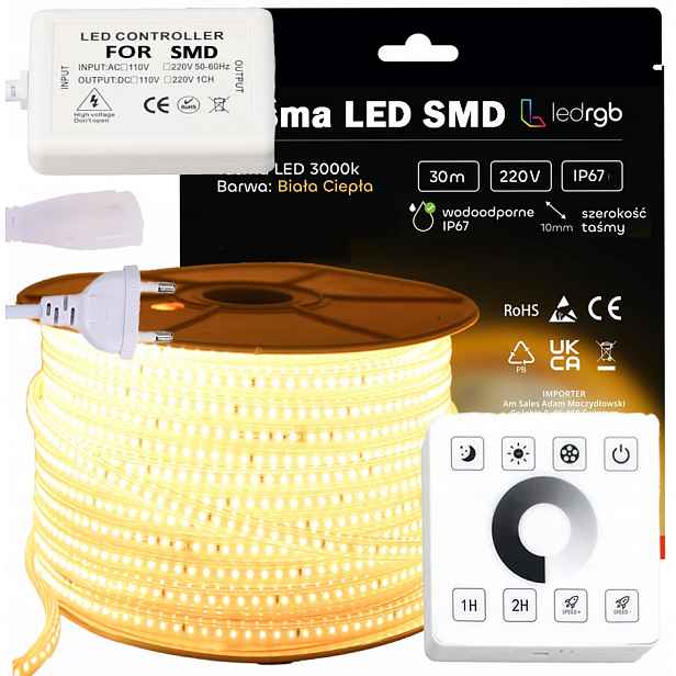 Set Led pásek Smd 230V 30m 3000K Bílý Teplý Stmívač Dálkový Ovladač Rf IP67