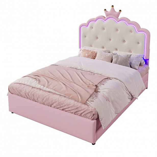 Modfu DĚTSKÁ čalouněná postel z PU a MDF 140x200 cm růžová s LED osvětlením, výsuvným lůžkem a 2 zásuvkami