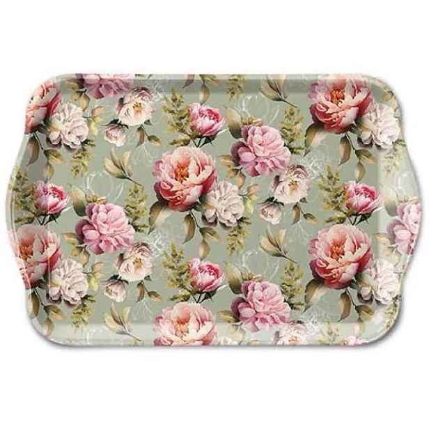 Zelený melaminový tácek s pivoňkami Peonies - 13*21 cm Ostatní