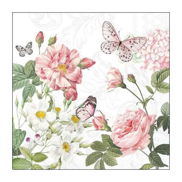 Bílé papírové ubrousky s květy a motýlky Amelia - 33*33 cm (20ks) Ostatní