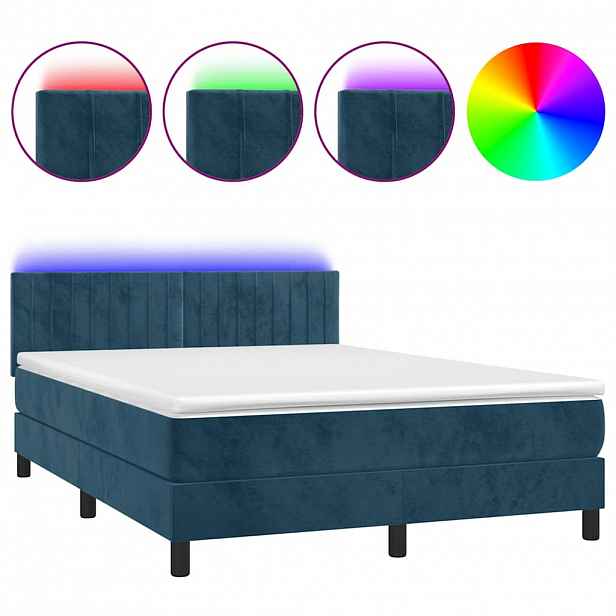 vidaXL Box spring postel s matrací a LED tmavě modrá 140x200 cm samet