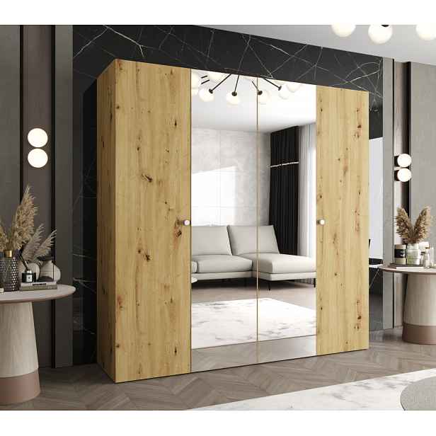 Zrcadlová šatní skříň CAITIR 2 200 cm - dub artisan / stříbrné úchyty