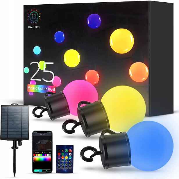 Led Světelný Řetěz Vícebarevné Koule Žárovky Solární Panel Vánoce