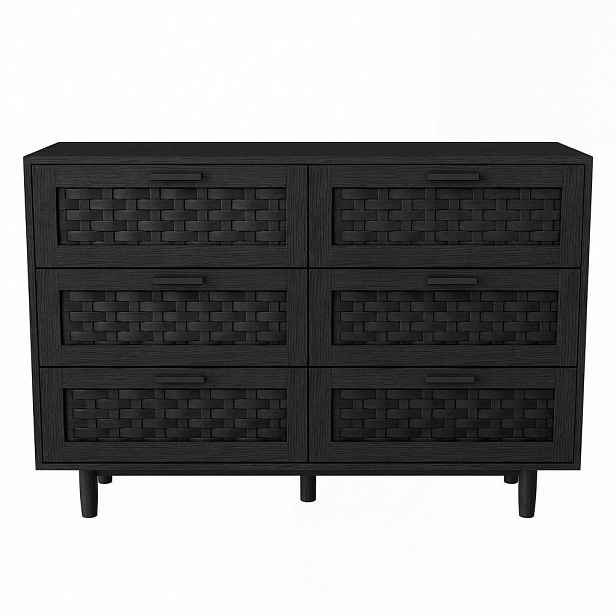 EuroLiving KOMODA, imitace dřeva, 6 zásuvek, PVC proutí, 115×40×80 cm, černá