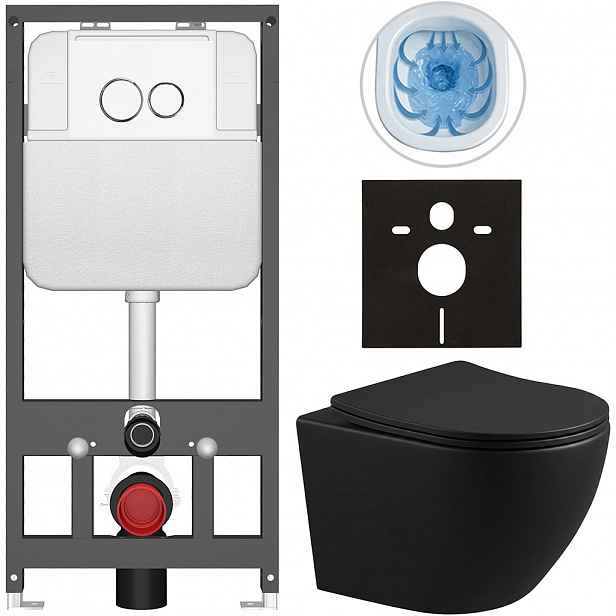 Kompletní WC set Basic/Cesso - černá matná - WC tlačítko Dualo/Bílá - závěsné - předstěnová instalace - 49x36 cm - 8050BD86333
