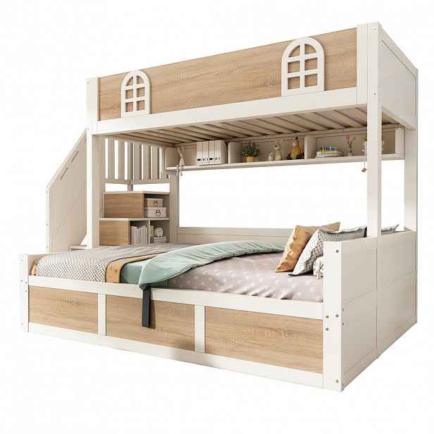 STILVORA ETAGENBETT 90/200 cm & 140/200 cm in Weiß & Natur Kinderbett mit Stauraum, Treppenschrank und Rausfallschutz